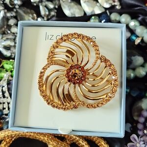 Vintage Liz Claiborne Pinwheel Gold Tone Rhinestone Brooch With Box